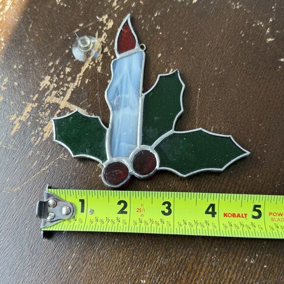 Vintage Stained Glass Suncatcher Candle & Holly Christmas Window Decor w Hanger - Picture 2 of 3